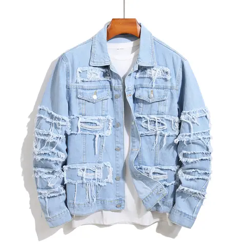 Stylish Street Men Distressed Stacked Splicing Slim Denim Jacket Ripped Male Casual Jean Jacket Coat Menswear Tops Long Sleeve Beige Collar Collared Plain  jackets jackets Pockets Deals For You Days