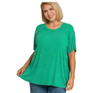 Zenana Plus Washed Ribbed Short Sleeve Boat-Neck Top