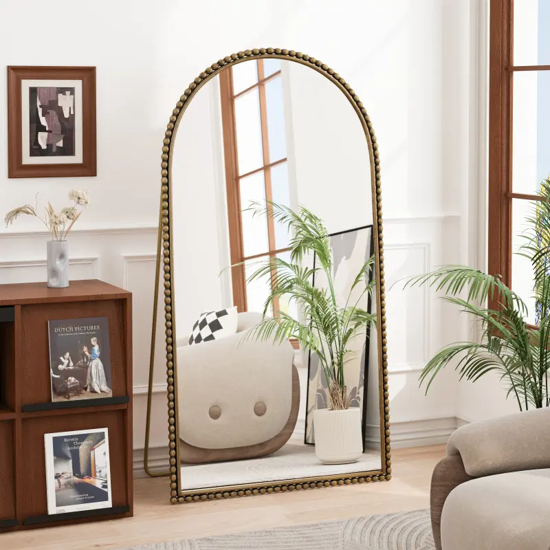 Gold Vintage Iron Arch Full-Length Glass Mirror with Supporting Feet - Durable Light Indoor Furniture for Living Room, Bedroom Home Decor (Stand Frame, Wall-Mounted, Leaning Options)