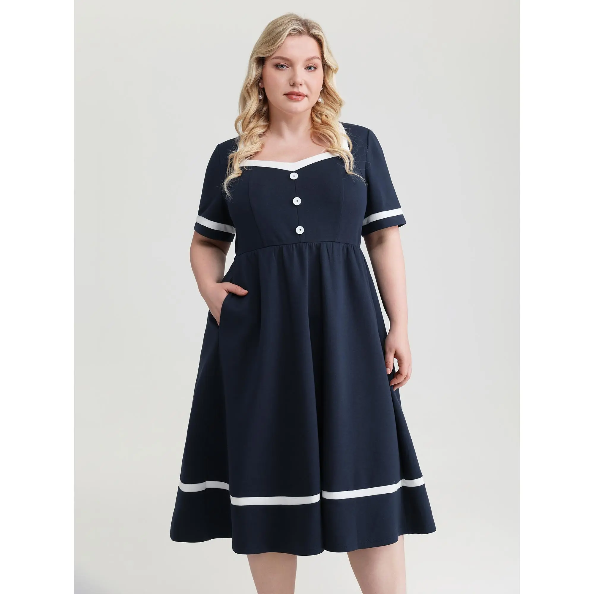 BLOOMCHIC Women's Plus Size Short Sleeve Midi Dress - Spandex Fabric, Colorblock Waist-Tie Bow, Patchwork Design, Pocket Detail, Low Iron Clothes, Flattering Fit, M-6X Sizes, 2026 Summer Fashion,Summerfinds