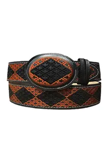 Cinto Vaquero Bordado Piteado de Piel Negro Men’s Black Western Cowboy Style Embroidered Leather Belt