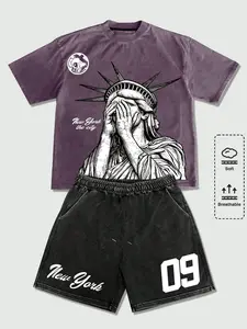New York Themed Two Piece Casual Set for Men – Statue of Liberty Cover Face Graphic Tee & Vintage Wash Shorts, Soft Breathable Streetwear Outfit for Summer Daily Wear & Street Style