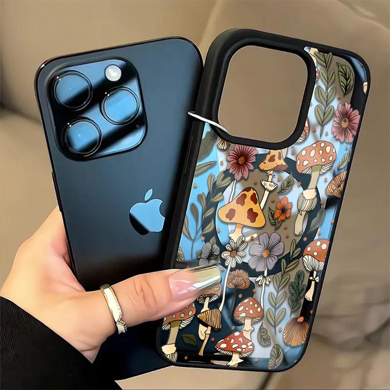 Mushroom & Wildflower Print Phone Case  Add A Touch Of Forest Charm & Playful Warmth To Your Daily Device Featuring Built-In Strong Magnet Ring Blending Smooth Macaron Texture With Secure Magsafe Compatibility For iPhone 17 16 15 14 13 12 11 X XS