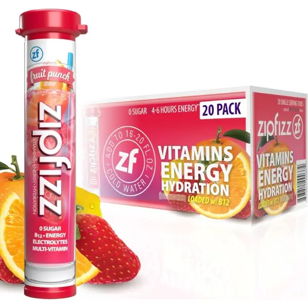 Clean Sugar-Free Sport Beverage Fruit Flavor Energy Drink Powder 20-Pack - Portable 3-In-1 Electrolyte Powder with Cyanocobalamin (B12), Vitamin C, Caffeine, Essential Vitamins, Antioxidants for Rapid Hydration & 4-6Hr Sustained Natural Energy