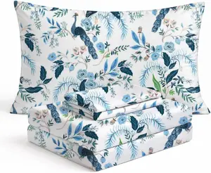 Where The Polka Dots Roam Peacock Sheets Bedding Set - Super Soft Blue Floral Bed Sheets for Kids Teens with Fitted Sheet, Flat Sheet & Pillowcase - Colorful Peacock Bedding Room Décor
