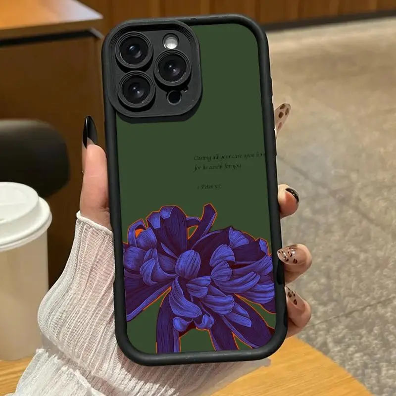 Dark green spider lily scripture pattern phone case. Compatible with iPhone 17 Pro Max/16 Pro Max/15 Plus/14/13/12/11, TPU soft case. Compatible with Galaxy S26 Ultra/S25 Plus/S24/S23, Dopamine color. Compatible with Galaxy A54/A53/A33/A15.