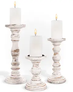 Large Rustic Farmhouse Pillar Candle Holders - 3-Piece Set for Table Centerpieces, Coffee Table, or Fireplace Mantel - White Home Decor