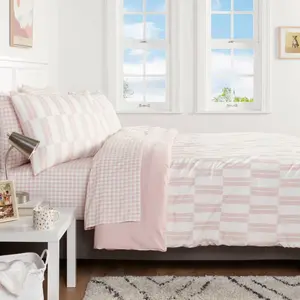 Room Essentials 7-Piece Comforter Set Dash Stripe, Ivory/Light Pink, Full