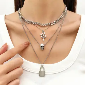 Fashionable multi-layer temperament thick chain element necklace retro creative skull snake lock necklace personality trend