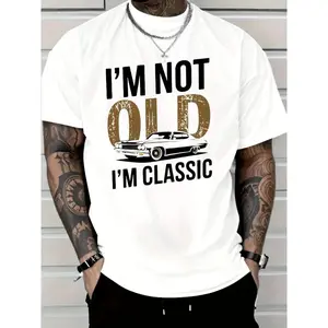 Men's "I'm Not Old, I Am Classic" Pattern T-shirt- Soft Cotton, Casual Crew Neck, Short Sleeve, Vintage Car Print-Durable and Breathable Hoodie Sweatshirt