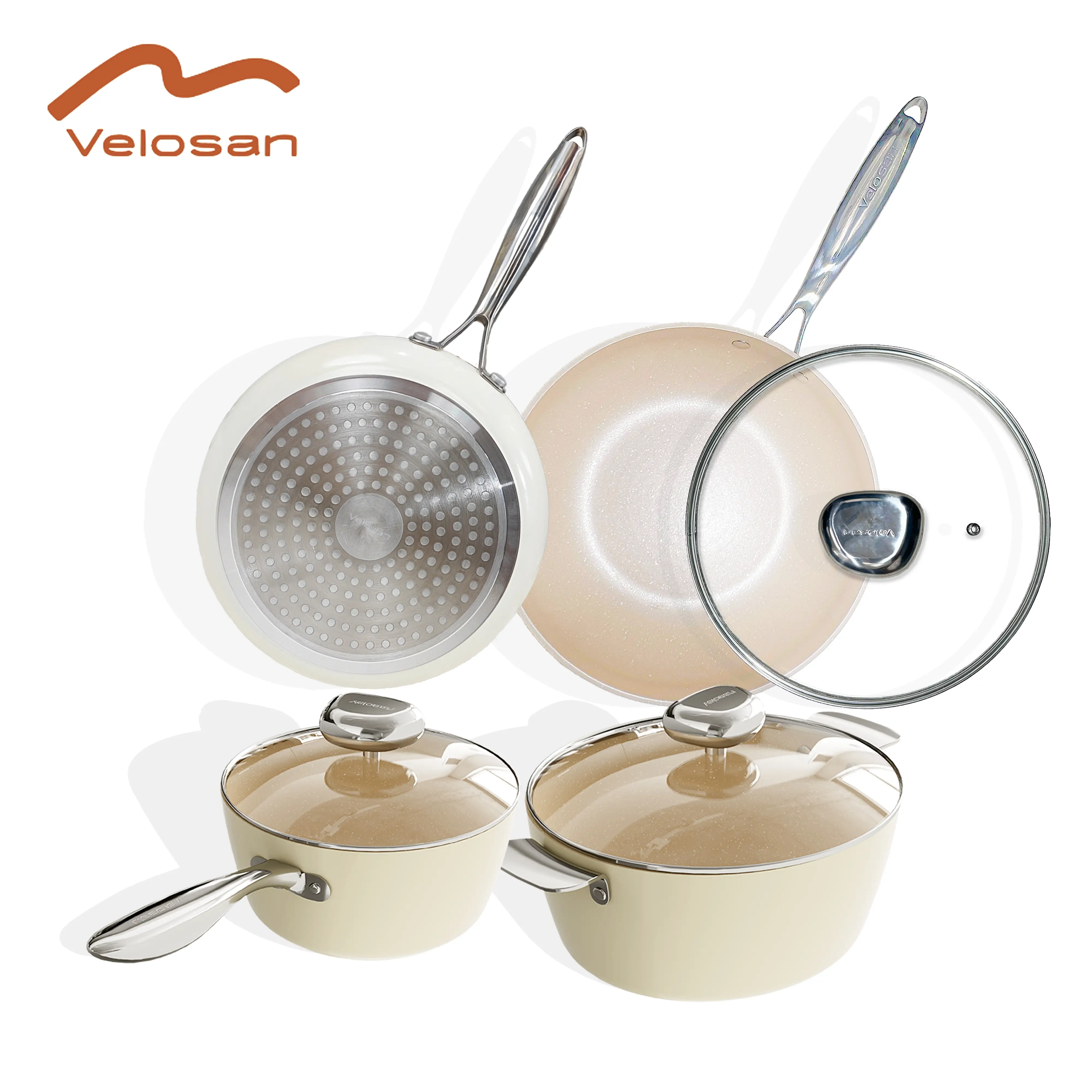 Velosan 7pcs Pebble cookware set,including frying pan,wok,milk pan,saucepan,non-stick easy to clean stainless steel handles more firmly dishwasher saf