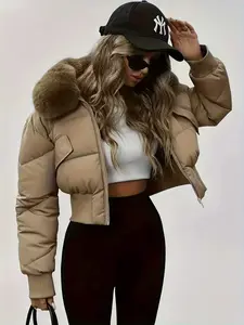 Women's Thickened Down Jacket, Inner Lined Collar & Waist Pockets, Winter Warm Coat, Short Sleeve Basic Casual Elegant Outerwear