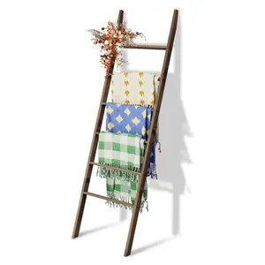 Acacia Wood 6-Tier Blanket Ladder, 5.7FT(66.5'') Blanket Quilt Holder Rack Decorative Ladder Wooden, Easy Assembly, Rustic Farmhouse Ladder Shelf for The Living Room Bedroom Home Decor
