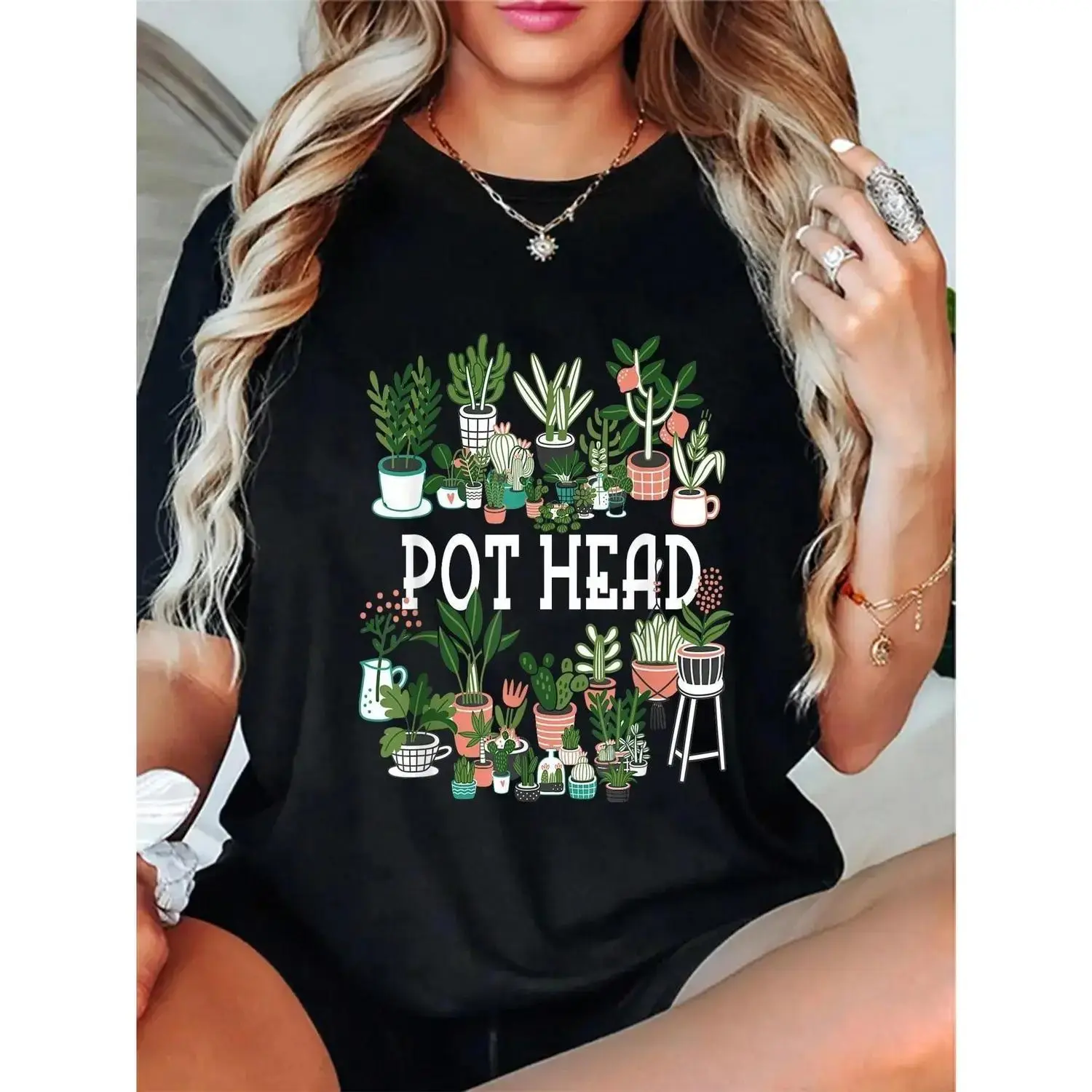 Women's Cotton Fitted Short-Sleeve Round Neck Sports T-Shirt - Breathable Lady Fashion Top, Pot Head Succulent Design, Plant Lover Focus, Vintage Casual Streetwear Everyday Wear
