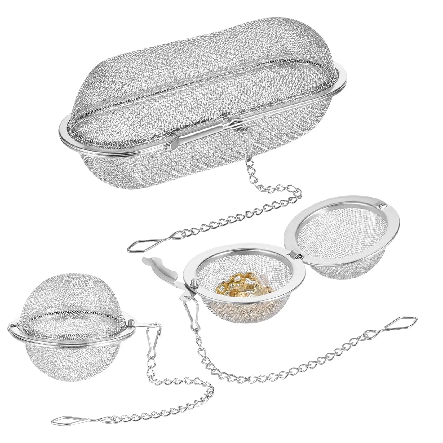 3-Piece Rust-Resistant Stainless Steel Fine Mesh Hollow Ultrasonic Cleaning Basket with Lock Chain, 2 Sizes for Small Items & Jewelry, Enhances Cleaning Tasks Performance