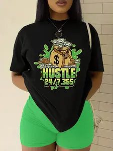 Women's "HUSTLE" Graphic T-Shirt - Black Casual Summer Tee with Bold Dollar Sign & Letter Print, Short Sleeve, Machine Washable, 100%, Perfect for Casual Attire