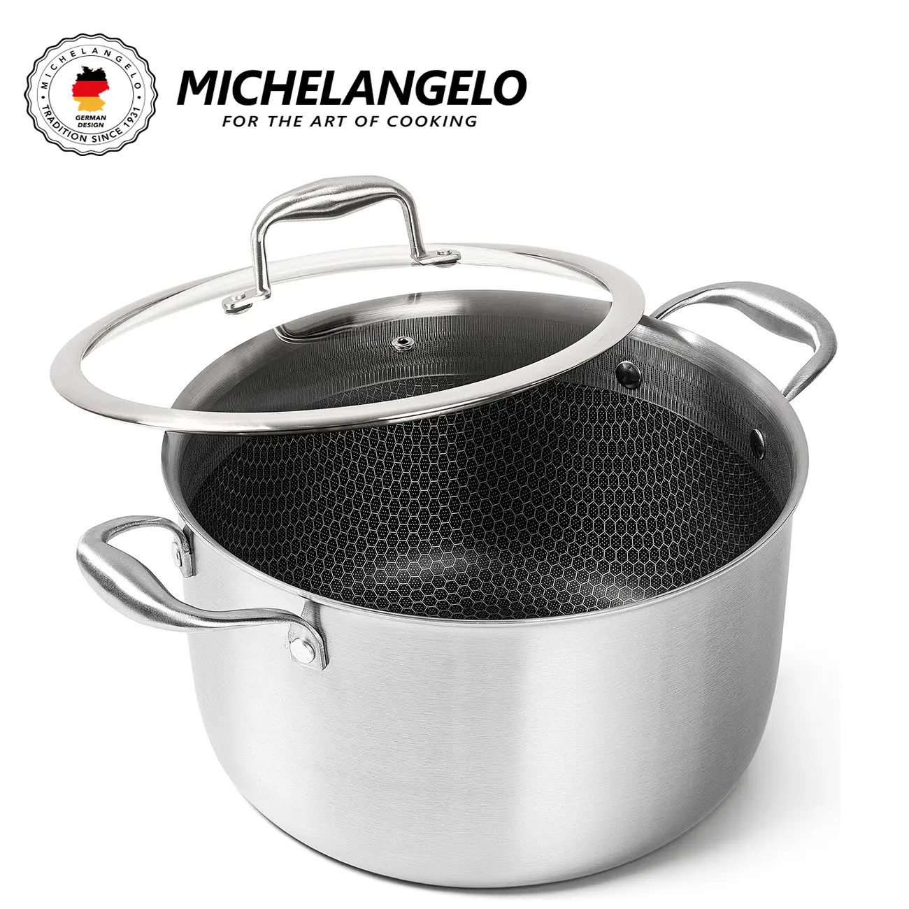 MICHELANGELO 8 Quart Stock Pot with Lid Tri-Ply Stainless Steel 18/10 Nonstick Honeycomb Cooking Pot for Soup Stew Pasta Induction Compatible