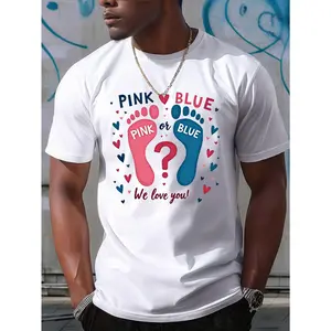 [Playful] Men'S "Pink or Blue" Gender Reveal T-Shirt - Casual Crew Neck, Short Sleeve, Summer Tee with Colorful Footprint Design, Gender Reveal Shir