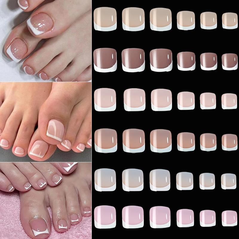 120Pcs 9-Colors French Fake Toenails Summer Short Square Press On Toe Nails Tips Glossy Pink Brown Full Cover False Toenail Easy to Use Long Lasting Nail Art Decorations