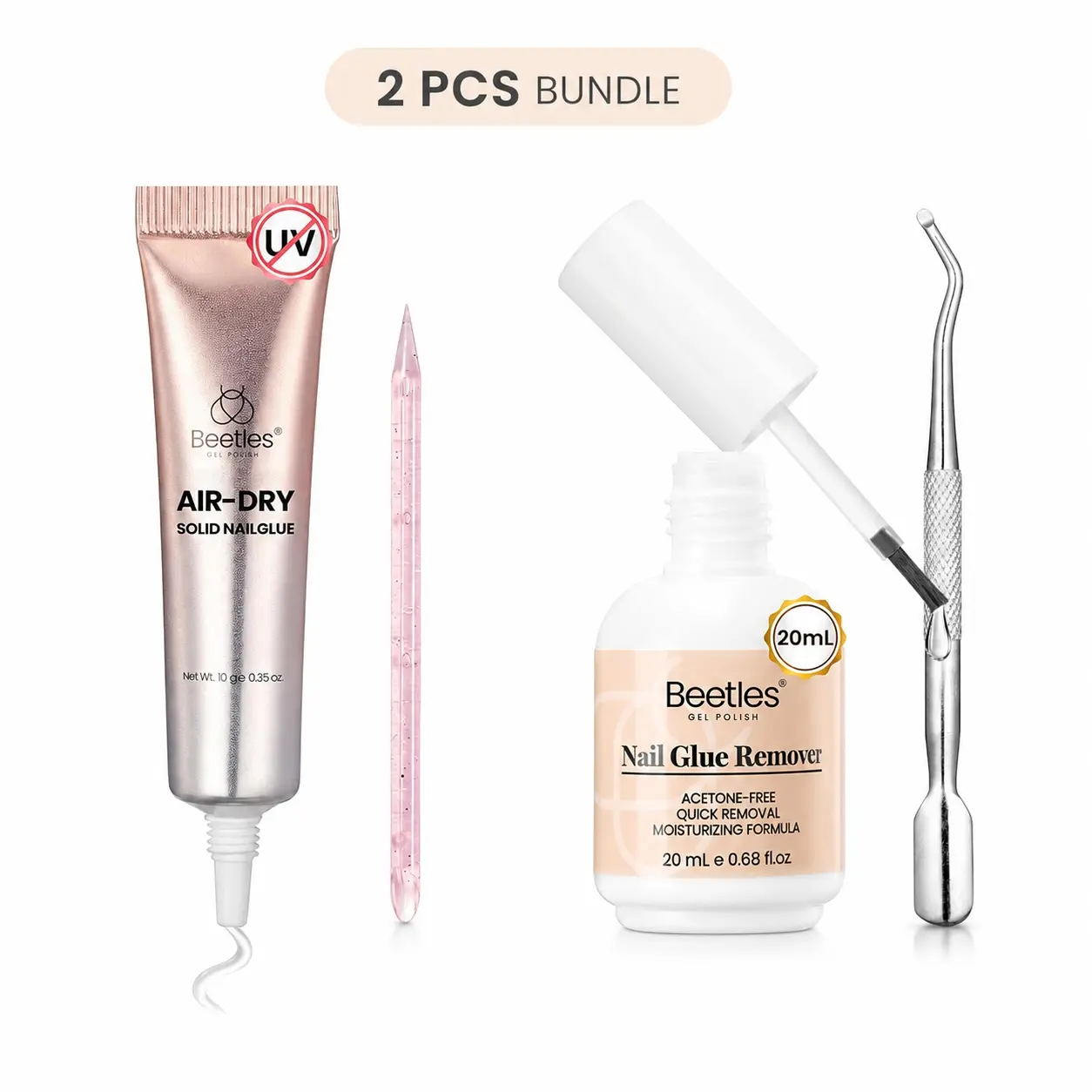 Beetles Press-On Nail Glue & Remover Bundle, 10g Semi-Solid Air-Dry Nail Glue with 20ml Glue Remover and Double-Ended Cuticle Pusher, No UV Lamp Needed, Quick-Set Long-Lasting Adhesive Kit for False Nails