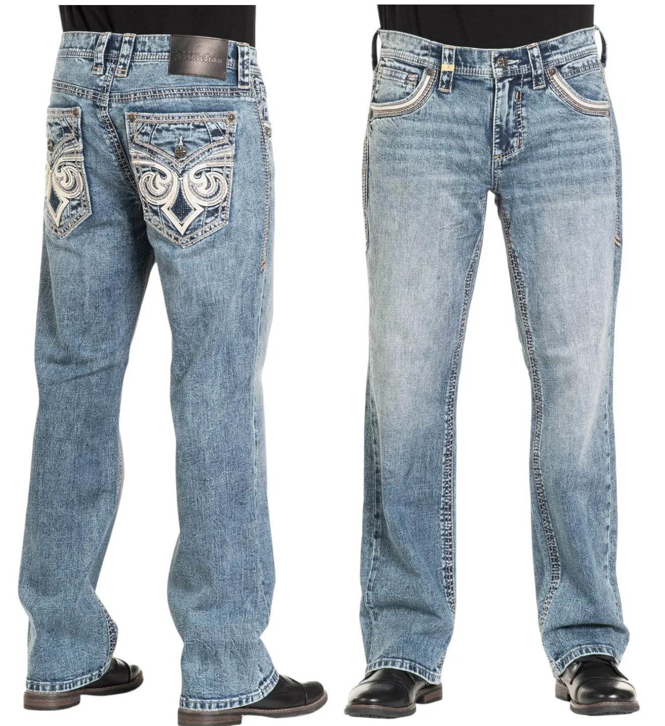 Affliction Men's Blake Sebastian Plain Casual Jeans - 100% Cotton Denim, Sebastian Wash, Stitch Print Pockets, Menswear, Mid Waist, All Seasons, Pocket Detail, Cold Wash, Full Length, Normal Type