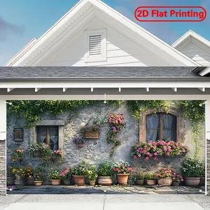 2D flat 1 large polyester garage door banner - large flowerpot theme design party banner, suitable for multi-functional decoration of festivals, courtyards, studios, homes and garden celebrations, outdoor party background arrangement