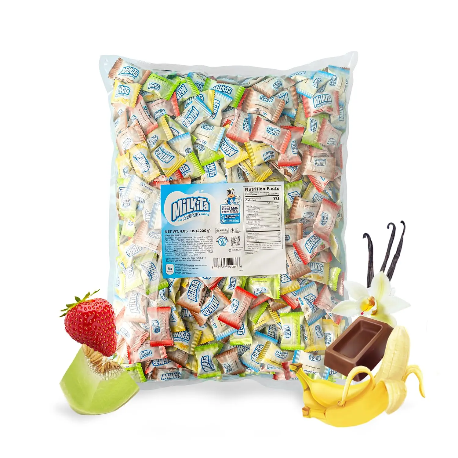 Milk Candy Bulk Pack (550 Ct) – Milkita Low-Sugar, Gluten-Free Candies with Real Milk & Calcium – Individually Wrapped Assorted Creamy Treats (Vanilla, Strawberry, Chocolate, Honeydew & Banana)