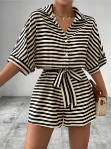 Women's Striped Print Baggy Romper, Casual Collared Romper for Summer, Women's Clothes for Daily Wear, Womenswear, Tummy Control Romper, Casual Comfy Romper