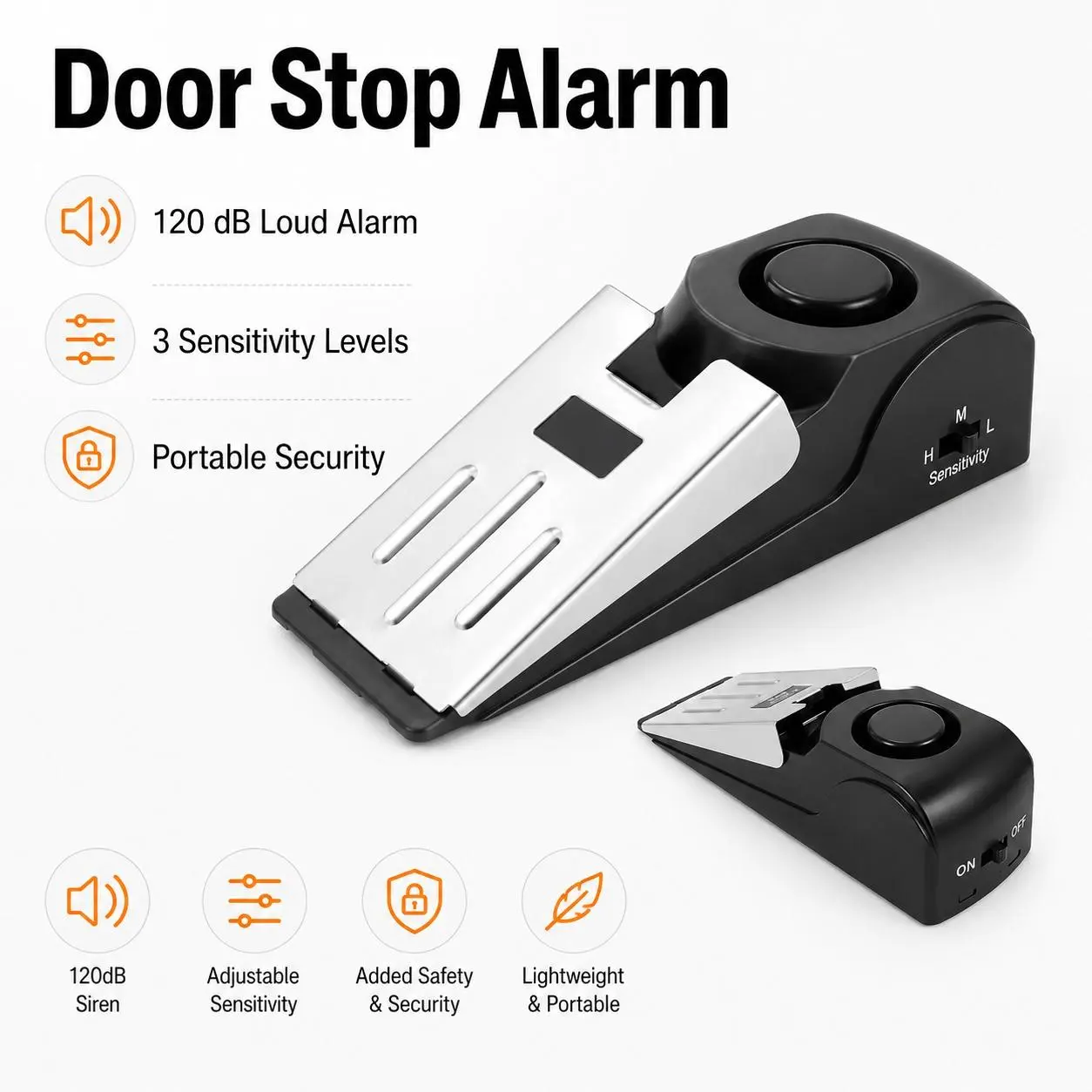 120dB Door Wedge Alarm, Portable Entry Alert Stopper with 3 Sensitivity Levels for Apartment, Dorm, Hotel, Travel & Home Use