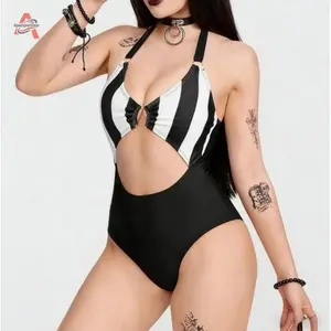 Women's Y2K Gothic Monokini | Plus Size Black White Stripe Cutout One Piece Swimsuit | High Leg Halter Neck Tummy Control Bathing Suit for Beach Party, Poolside & Summer Vacation print bikini set women