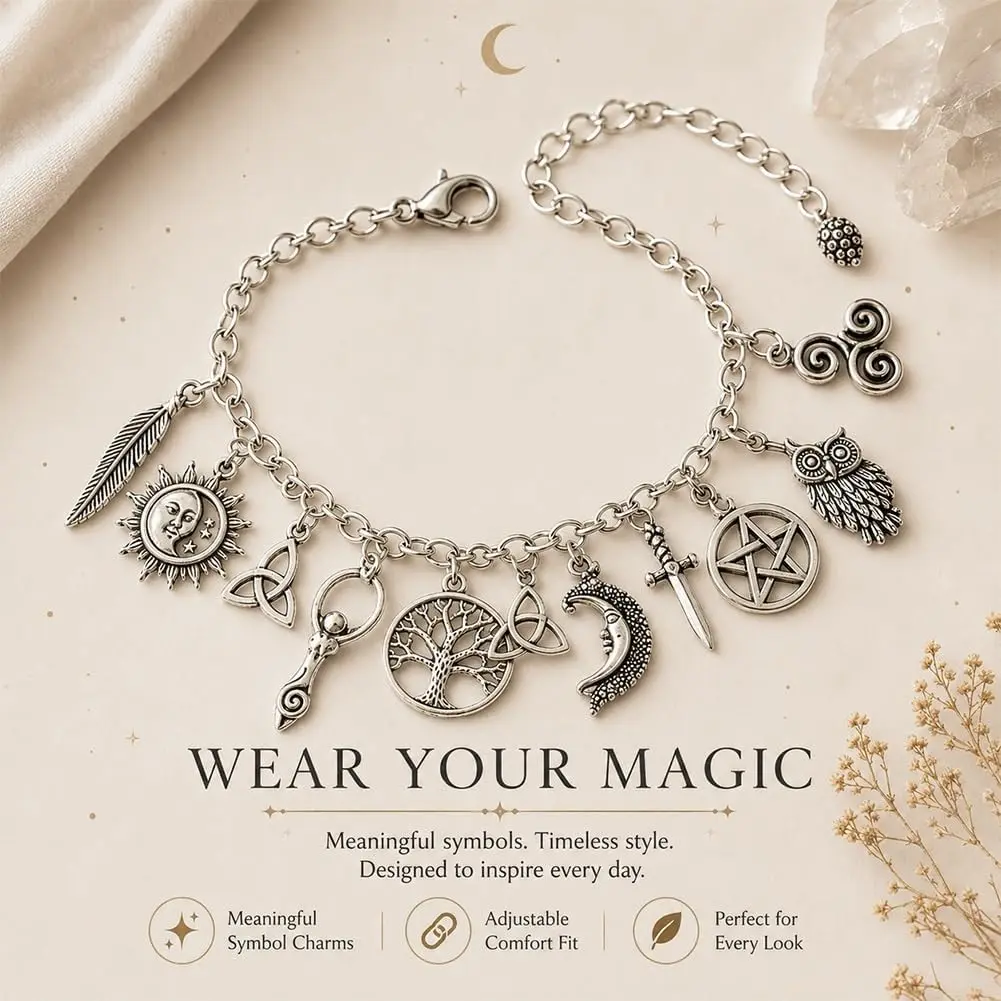 Vintage Silver Tone Wiccan Witch Charm Bracelet, Pentagram Broom Crow Bat Spiritual Protection Pagan Jewelry for Women Halloween Everyday Wear