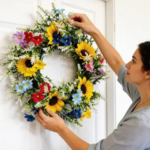 Sunflower Flower Ring Decoration, Spring Summer Seasonal Decor, Colorful Small Flowers Grass Rings, Home Room Outdoor Party Garden Window Door, Home Decor Ornaments, Hanging Decor, Easy Placement, Gift, Versatile Usage