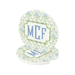 Preppy Blue Hydrangea Car Coasters, Monogrammed Absorbent Sandstone Cup Holder Inserts