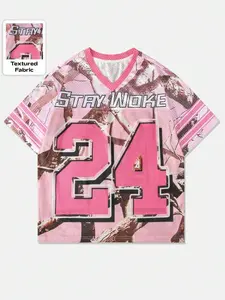 Women's Y2K American Letter Pattern Stay Woke T-Shirt, Athletic Letter Print, Breathable Mesh Sports Ball Jersey, Streetwear Casual Daily Wear Top, Athletic Style Activewear