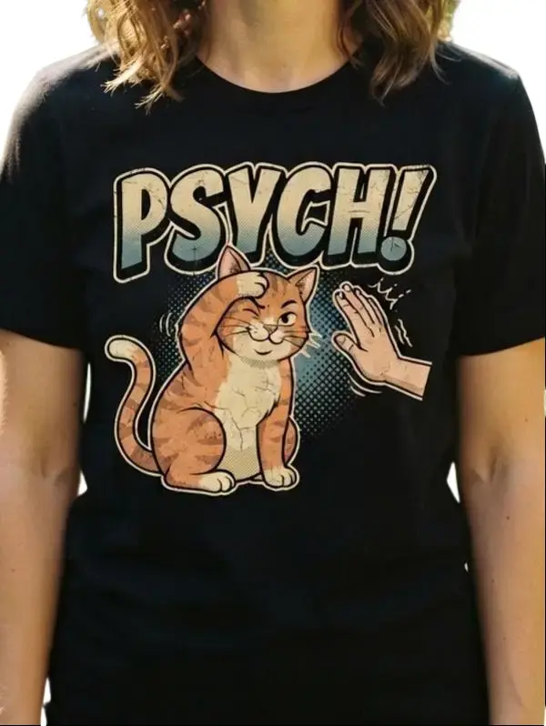 Women’s Psych! Tricky High Five Orange Tabby Cat Vintage Halftone Graphic Cotton T-Shirt fashion apparel,clothes,funny,freaky,trending,shopping