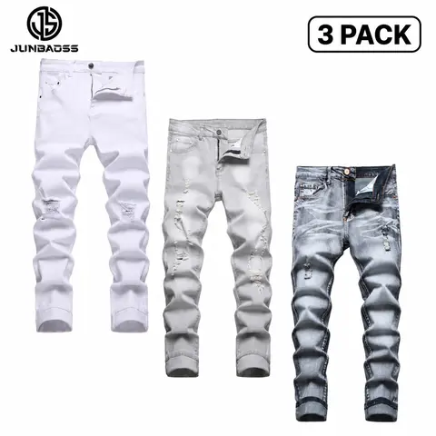 JUNBAOSS Men's Multi Pack Slim Fit Stretch Jeans Ripped Skinny Jeans for Men, Distressed Straight Leg Fashion Casual Popular Chic Comfort Flex Waist Denim Pants, Menswear Classic Street Style Cotton Fabric Jean Natural Hipster Personalized Stylish Jeans S