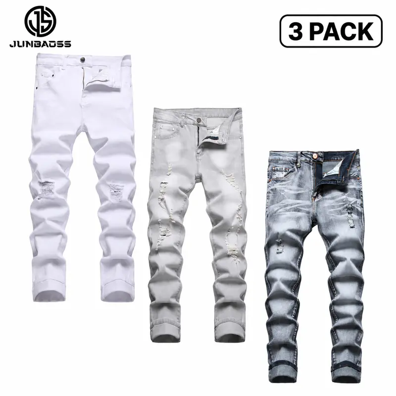 JUNBAOSS Men's Multi Pack Slim Fit Stretch Jeans Ripped Skinny Jeans for Men, Distressed Straight Leg Fashion Casual Popular Chic Comfort Flex Waist Denim Pants, Menswear Classic Street Style Cotton Fabric Jean Natural Hipster Personalized Stylish Jeans S