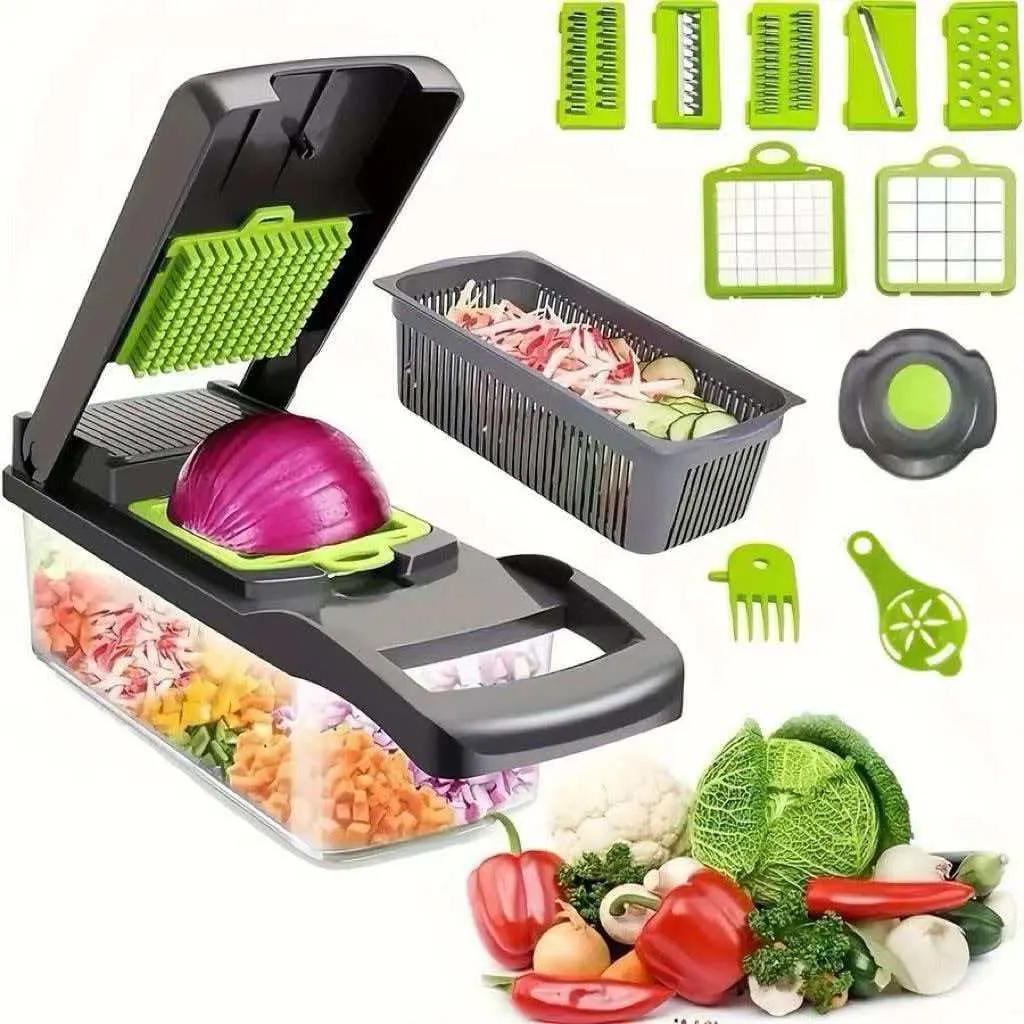 16-in Multi-Function Vegetable Chopper Utensils - Detachable Slicer, Dicer, Grater, Kitchen Mandoline for Chopping Onion, Potato