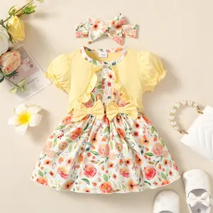 Ready Stock 3-24M Girls Clothes Bubble Sleeve Floral Dress With Headband 2pcs Yellow W222211301