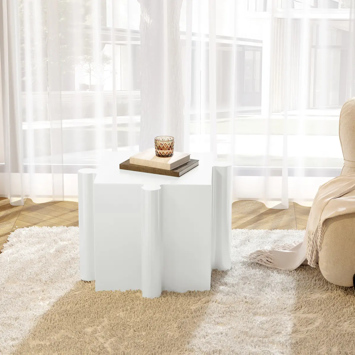 Modern White Modular Puzzle Art Side Table - MGO Convex Edges, Interlocks, Durable Construction, 15.75" L x 15.75" W x 17.75" H, 24.69 lbs, Customizable Layouts, Indoor/Outdoor Use, Single/Combine Units, Fully Assembled Outdoor Furniture Table