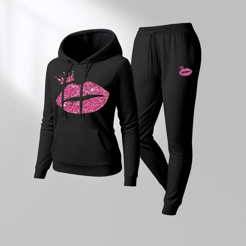 Women's Lip Crown Print Hoodie And Drawstring Track Pants Set, Casual Sportswear, Long-Sleeved Hooded Jacket And Pants, Suitable For Autumn And Winter, Everyday Wear, Indoor And Outdoor Sportswear, Casual Sportswear.