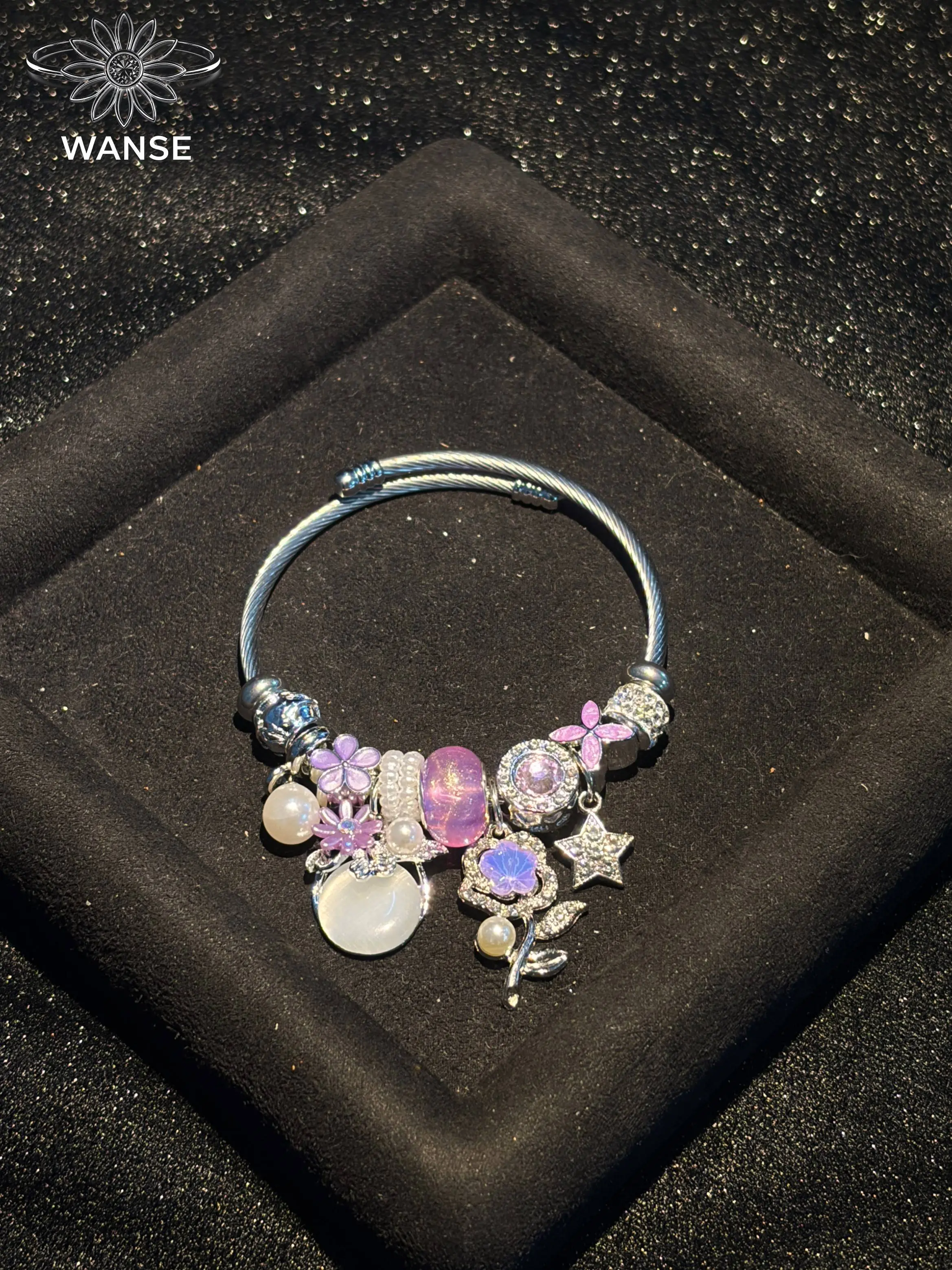 Silver Tone Open Cuff Charm Bangle, Purple Floral Enamel Dangle Charms, Star & Pearl Pendant, Lampwork Beads Adjustable Wire Bangle Bracelet, Stackable Women Fairy Aesthetic Jewelry Gift