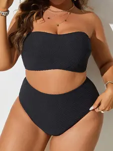 Swim Vcay Summer Beach Plus Size Solid Bandeau Bikini Set