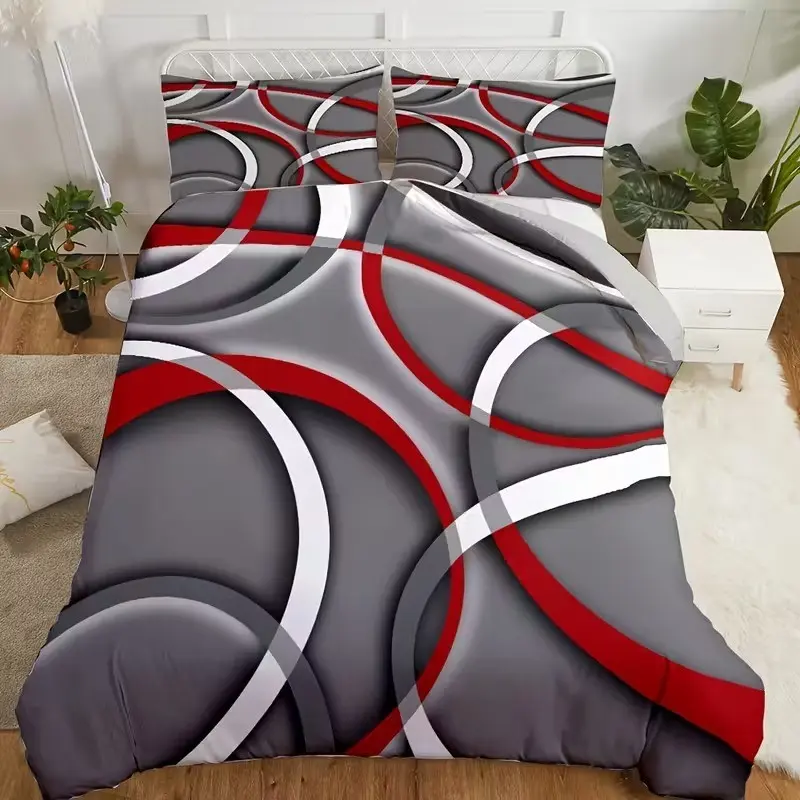 3-piece modern geometric print Decorative bedding set, including 1 duvet cover and 2 pillowcases (excluding filling), featuring gray and red spiral circles. Suitable for year-round use, perfect for decorating bedrooms and guest rooms