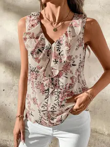 A sleeveless women's top with a V-neck and ruffle detailing, featuring a pink floral pattern with black leaves on an off-white background. The style is gentle and fresh, suitable for casual daily office wear, afternoon tea, or shopping outings with friend