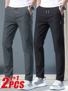 Men's Lightweight Straight Leg Casual Pants, Elastic Waist with Adjustable Drawstring, Breathable Comfort, Suitable for Office and Outdoor