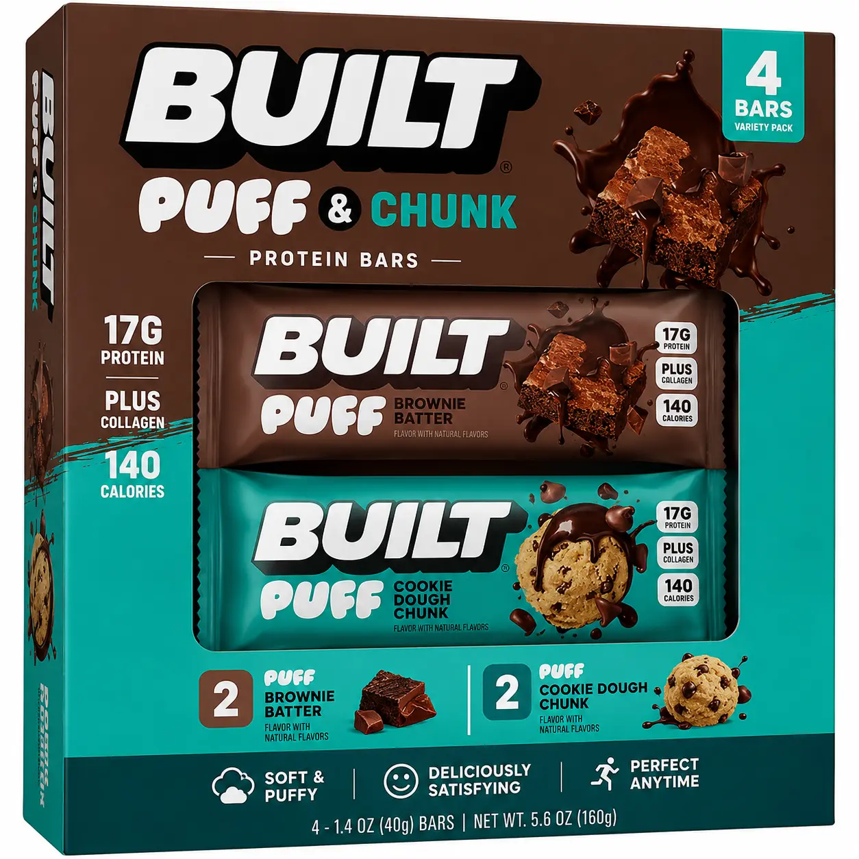 Built Puff & Chunk Protein Bars Variety Pack, 4 Count – Brownie Batter & Cookie Dough Chunk, 17g Protein, Plus Collagen, Chocolate-Covered Snack Bars