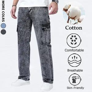 Men's Cotton Skin-Friendly Cargo Jeans, Snow Wash Denim TrousersIdeal for daily casual, streetwear, weekend outings, and rugged fashion looks