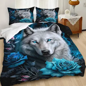 2/3Pcs Wolf and Rose Print Decorative Duvet Cover Set,Fantasy-Themed Bedding Set,Creating Filled with Wildness and Mysterious Beauty Bedroom Atmosphere.Soft Material for Cozy Sleep. Includes 1 or 2 Pillowcases, No Filling/With Zipper Closure