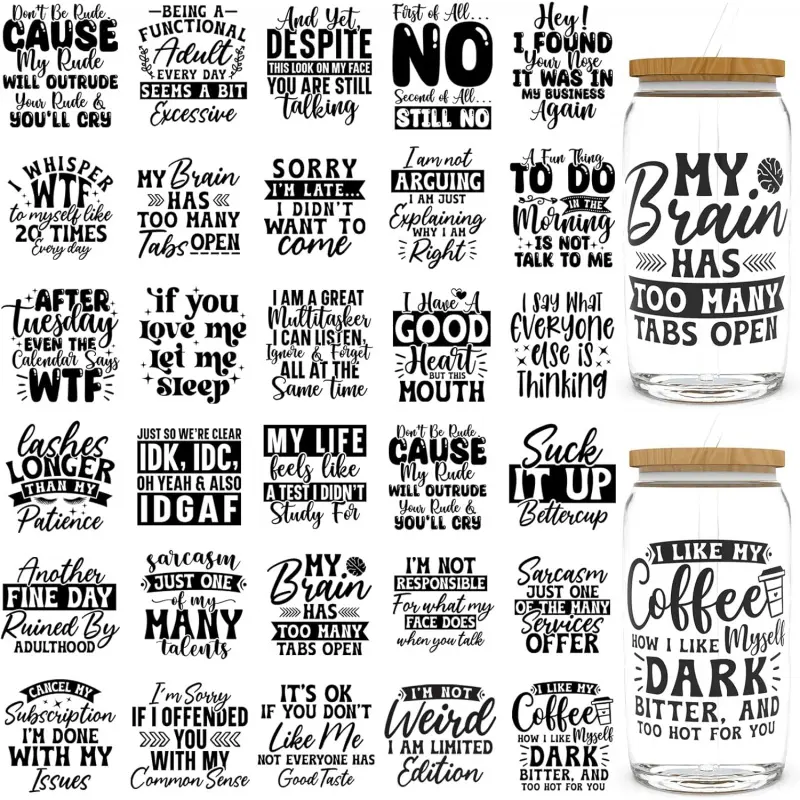 30 PCS UV DTF Cup Wraps for 16 OZ - Sarcastic UV DTF Cup Stickers for 16OZ Glass Cups Mugs Milk Tea Cups Metal and Plastic Bottles. High-Viscosity UV DTF Transfer Sticker